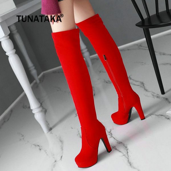 

women flock chunky high heel over the knee side zipper winter plush thigh boots red black