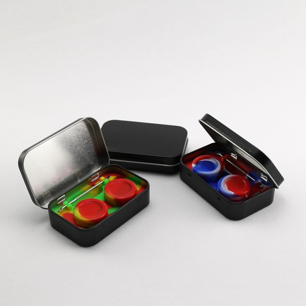 

4 в 1 олово Силиконовый набор для хранения с 2шт 5мл Силиконовый воск Контейнер для масла Баночка База Dab Dabber Инструмент Металл Серебро Черный ящик