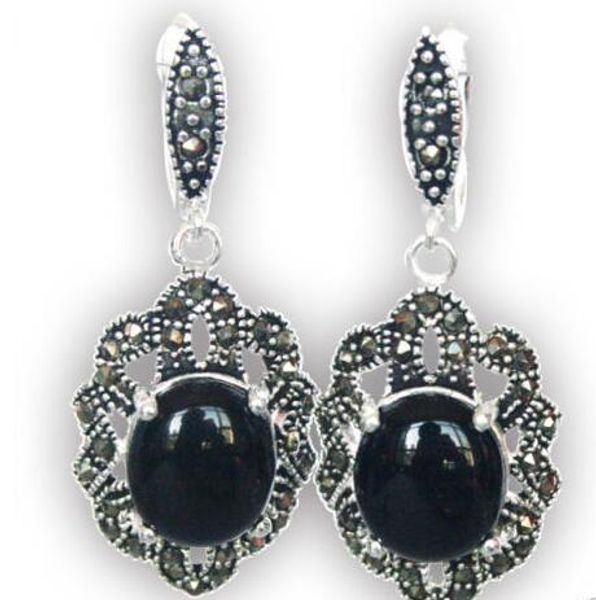 

vintage 925 sterling silver natural black marcasite dangle earrings