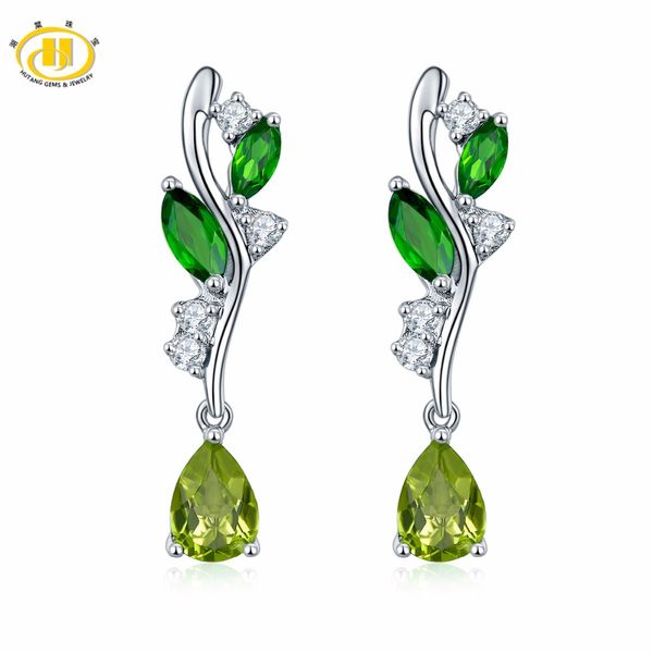 

hutang nautral gemstone peridot & chrome diopside solid 925 sterling silver leaf dangle earrings fine jewelry for women's gift, Golden;silver