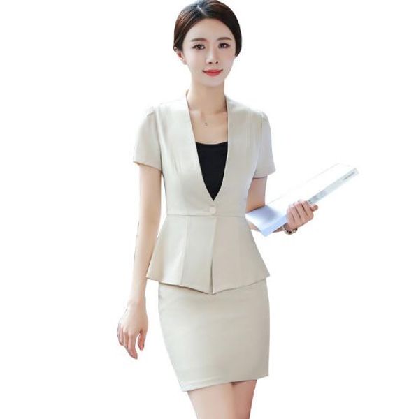 

new apricot fashion work wear women skirt suit business formal office ladies plus size short sleeve blazers with skirt uniform, White;black