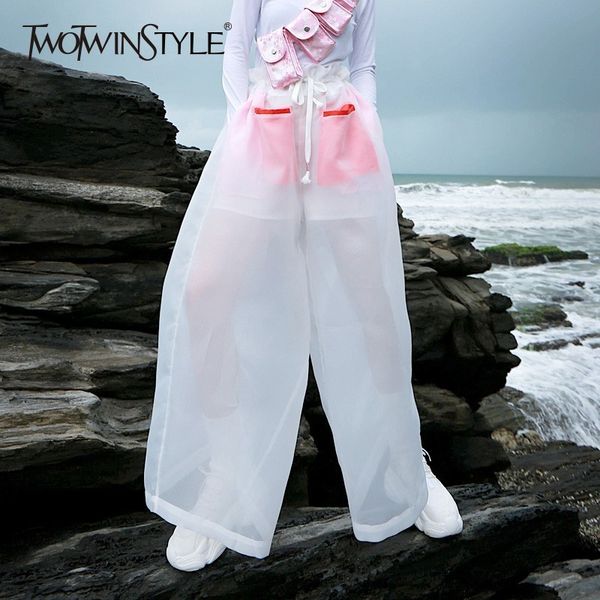 

twotwinstyle mesh patchwork wide leg pants oversize draw string ruffles pocket high waist maxi pants harajuku autumn clothes new, Black;white