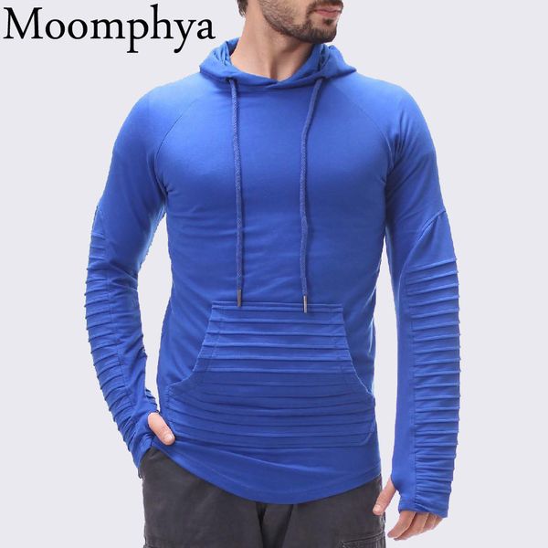 

moomphya pleated long sleeve men slim fit hoodies sweatshirt pocket hooded hoodie longline curved hem hip hop hoodies streetwear, Black