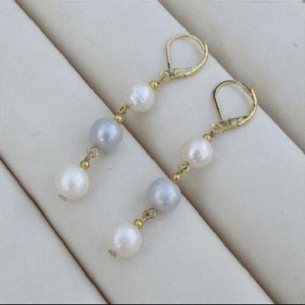 

естественный круглый юг море белый серый жемчуг серьги 14k желтое золото крюк, Golden