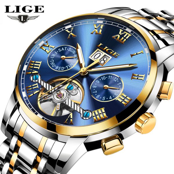 

lige mens watches automatic watch men full steel wrist watch man fashion casual waterproof clock relojes hombre, Slivery;brown