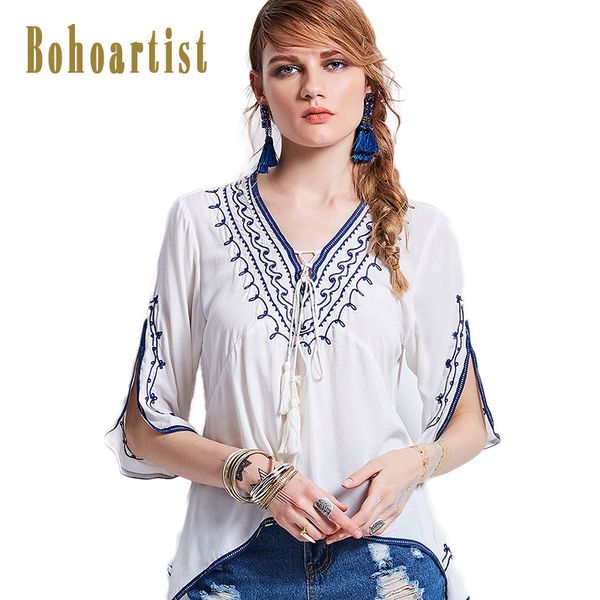 

bohoartist women blouse spring white print v neck half sleeve loose split sleeves casual indie folk new casual lady boho blouses