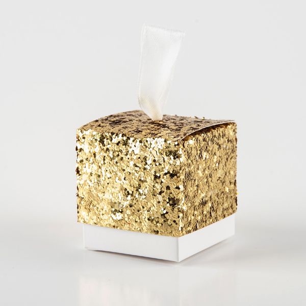 Contenitore di caramelle glitter oro 3 colori con scatola di favori regalo per festa nuziale in nastro Commercio all'ingrosso