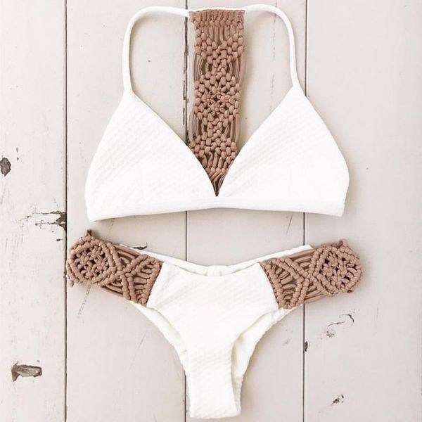 

women female handmade crochet split rope bikini padded brazilian swimwear bathing suit bather pink dress, White;black