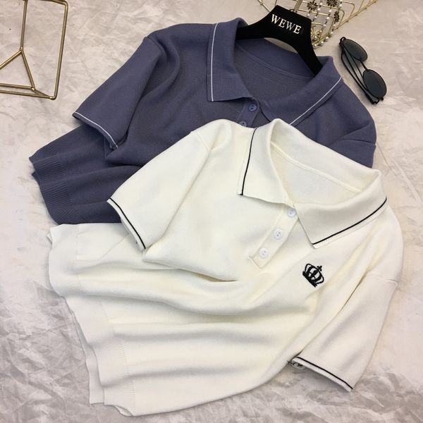 

2018 fashion spring summer women's lapel embroidered solid color knit shirt casual all-match students short sleeve sweater, White