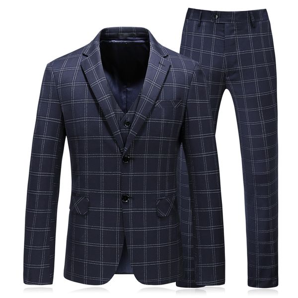 

new brand fashion men suits blazers slim fit wedding business blue plaid male tuxedos groom prom party suit jacket+pants+vest, White;black