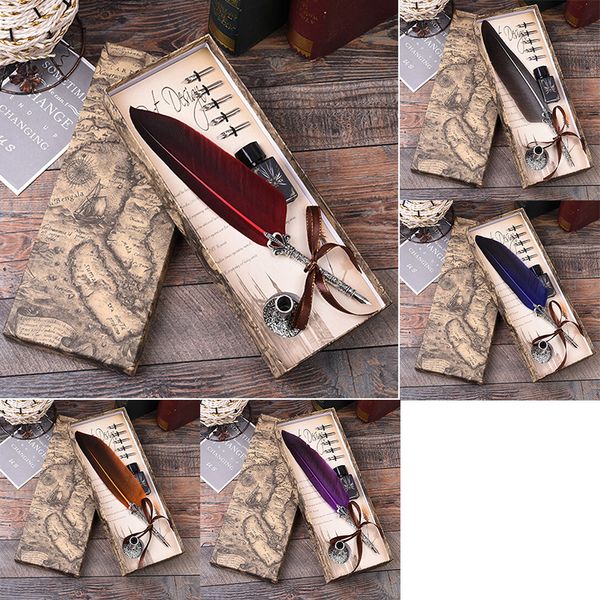 

vintage writing quill ink pens feather dip metal fountain pen set gift stationery 1 set