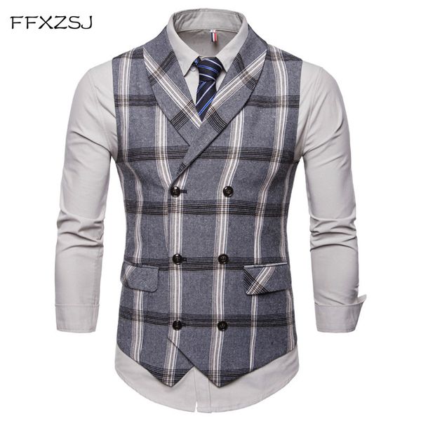 

ffxzsj new classic plaid suit vest men slim fit double breasted vest waistcoat mens business wedding tuxedo gilet homme, Black;white