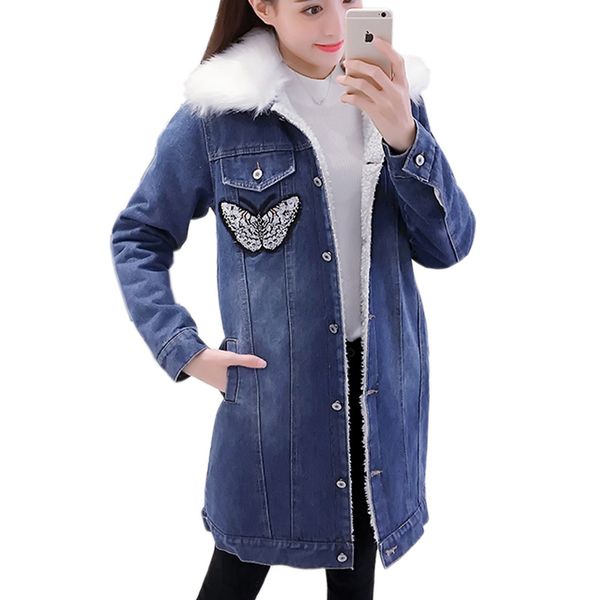 

casual butterfly embroidery thicken cashmere denim trench coat women fur collar long winter coats for women 2018 denim coats, Tan;black