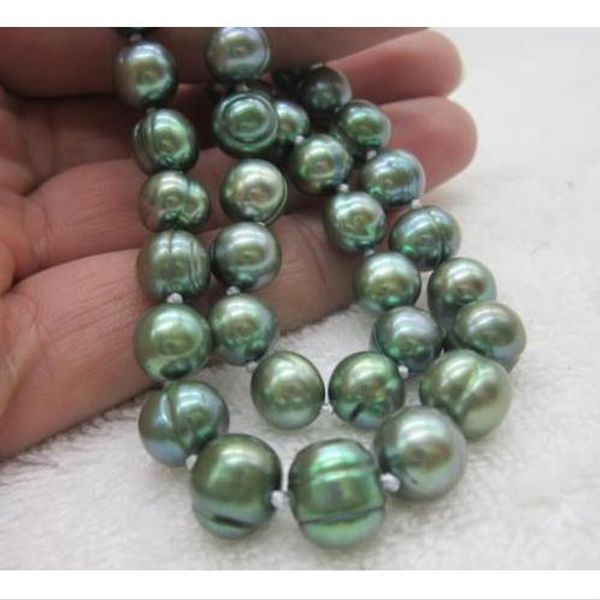 

35" 10-12mm south sea real natural deep green pearl necklace white clasp, Silver