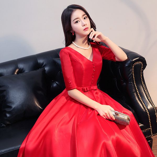 

2019 elegant a-line v-neck backless with buttons evening dresses tea length prom gowns formal party dress special occasion dress vestiods, Black;red
