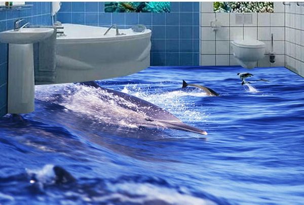 Tapete für Schlafzimmer Dolphin verspielt Sea World 3D Badezimmer Wohnzimmer Boden Vinyl-Bodenbelag Badezimmer