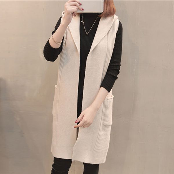 

sleeveless long sweater women cardigan spring autumn warm loose sweater knitted cardigan with pocket fashion jacket outwear coat, White;black