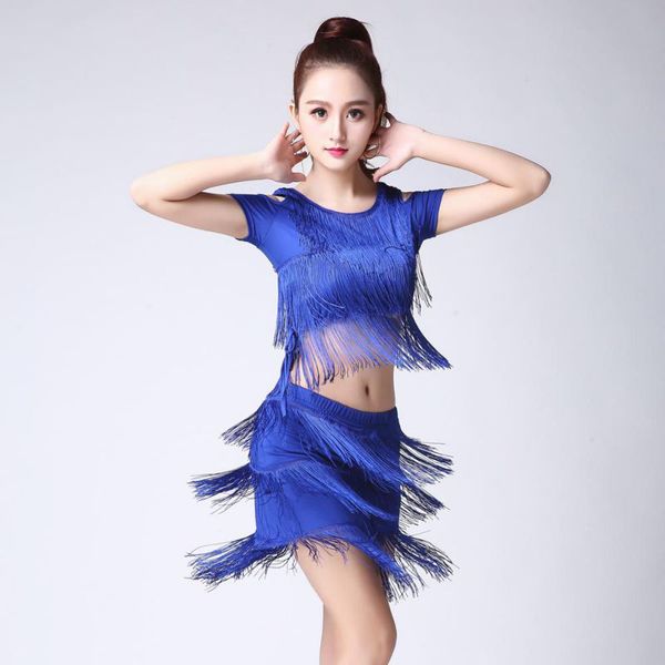 

girl latin dance dress cha cha tango samba carnival costumes black red blue pink tassel fringe dress for competition