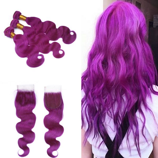 Purple Colored Hair Extensions With Lace Closure 4x4 Pure Purple