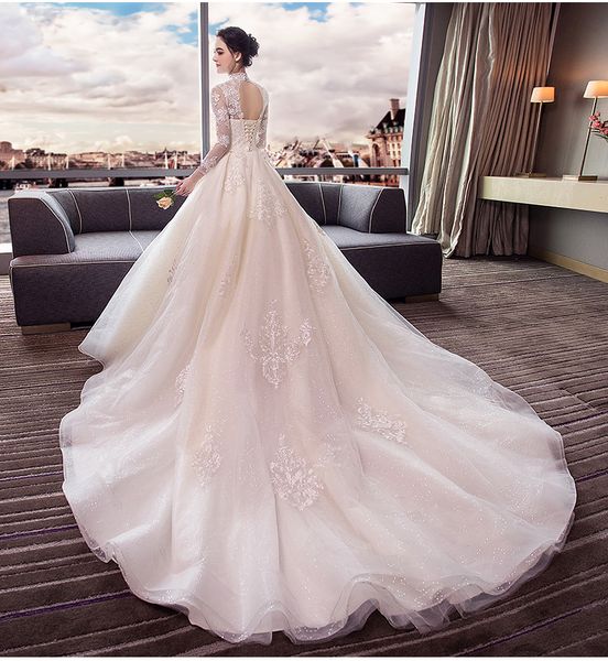 

high-quality wedding dresses white translucent long-sleeved collar qi large tail lace applique beach dresses plus size wedding dresses dh80