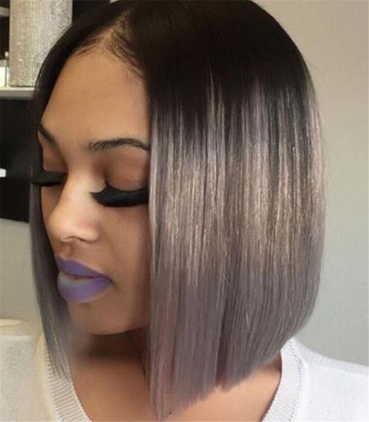 Grosshandel Hot Brazilian 1btgrey Bob Volle Spitze Echthaar Perucken Gerade Silber Grau Glueless Front Lace Perucken Mit Gebleichten Knoten Ombre