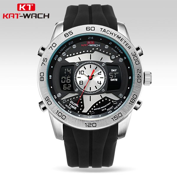

kat-wach men's chronograph analog quartz watch date luminous hands waterproof silicone strap wristswatch clock relogio masculino, Slivery;brown