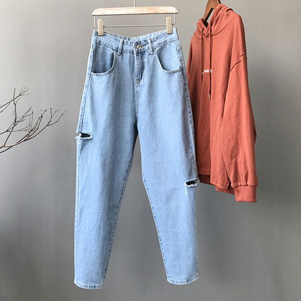 

2018 light blue hole jeans pants women full length new autumn loose demin harem pants lady high street slim jeans trousers