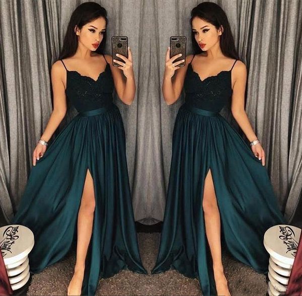 

2018 Elegant Evening Gowns A-Line Blackish Green High Split Cutout Side Slit Lace Sexy Arabic Gowns Sweep Train Formal Party Prom Dresses