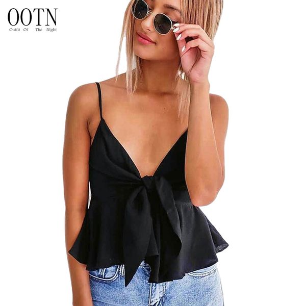 

ootn camisole women v neck tunic crop ruffle female summer sleeveless short camis black cropped bow, White
