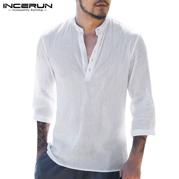 

incerun 2018 men's shirt 3/4 sleeve v-neck slim fit cotton male fashion solid blouse casual vintage men shirt camisa l-3xl, White;black