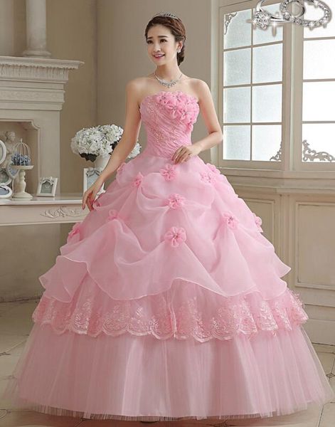 Gracioso Cristal Applique Rosa Vestidos de Noiva de Lace-Up Back Organza Floor-Comprimento 3 Cores Vestido de Bola Vestidos de Casamento com Petticoat