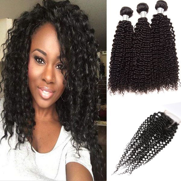 

malaysian human hair extensions with 4x4 lace closure kinky curly 8-28inch bundles with lace closure baby hair products natural color, Black;brown