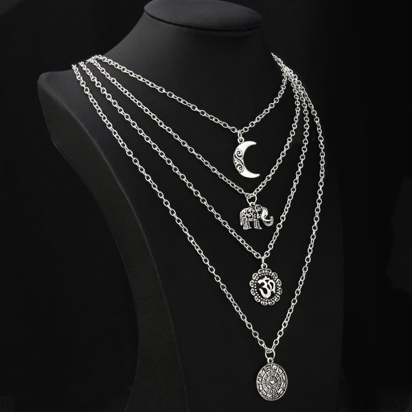 

hesiod 4 layers chain necklace set elephant necklace crescent moon beach boho jewelry multi layer vintage pendant, Silver