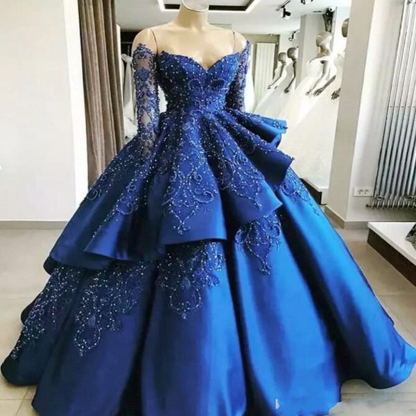 

royal blue бальное платье вечерние платья с длинными рукавами с плеча платье выпускного вечера кружева с бисером зашнуровать назад атласные, Black;red