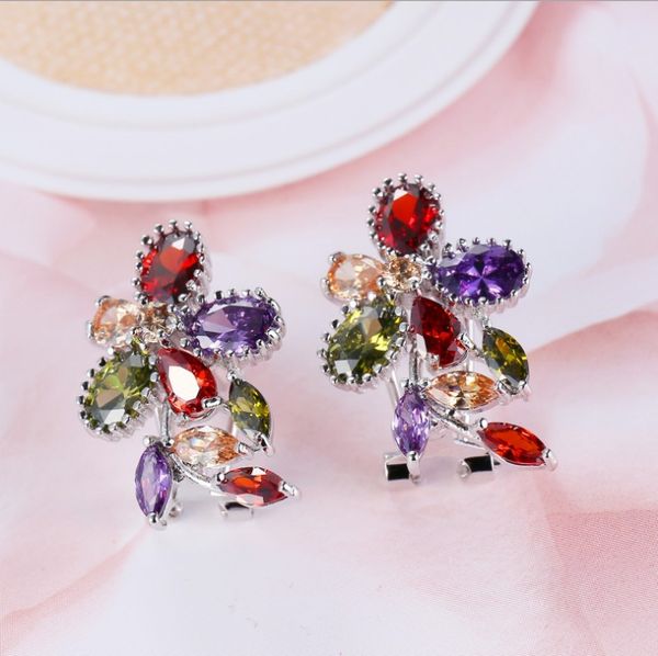 Luckshine Mulheres Jóias Florid Flor Rainbow Topázio Místico Cubic Zirconia Gemstone Frete Grátis Brincos Do Parafuso Prisioneiro de Casamento de Prata NOVO