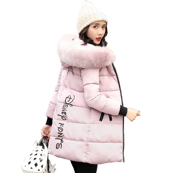 

2018 new fashion women winter jacket with fur collar warm hooded female womens winter coat long parka outwear camperas s18101504, Black