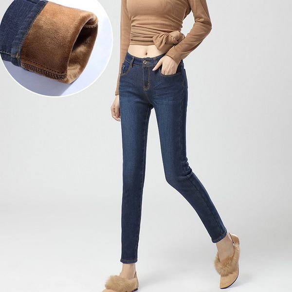 

2018 autumn and winter high waist stretch straight jeans for women plus velvet thickening jeans woman all match jean femme tide, Blue