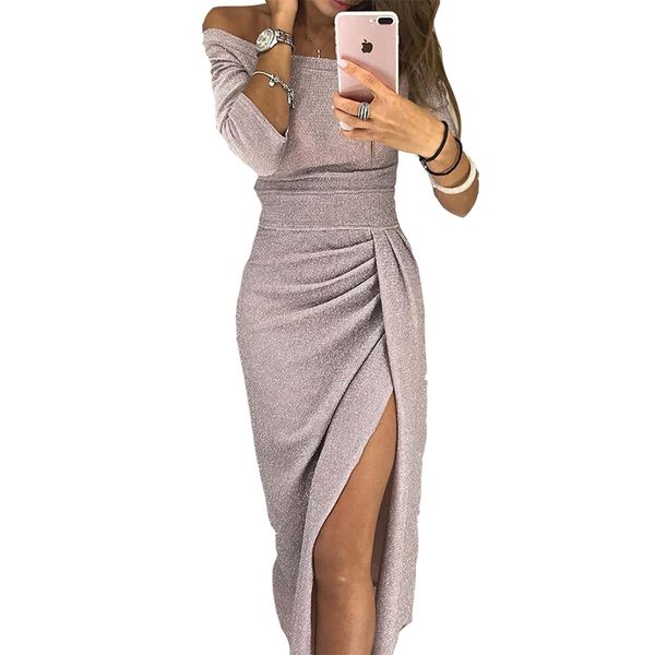 

uvkkc women party dress 2018 autumn femme vestido off shoulder high waist split bodycon solid dresses for women plus size, Black;gray