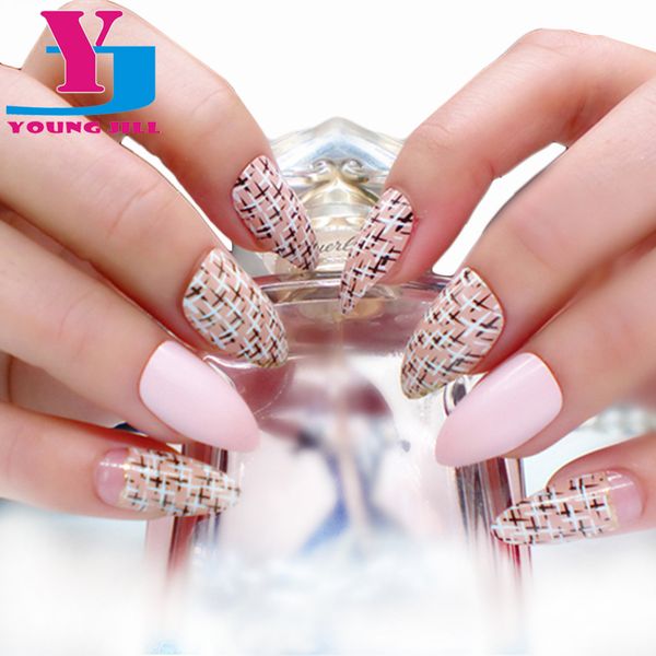 

new fake art nail tips 24psc each pack fashion design full cover oval pastoral grid artificial false nails faux ongles long tip, Red;gold