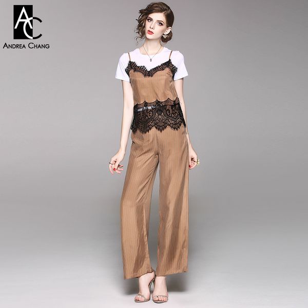 

spring summer woman clothing set white t-shirt black white lace patchwork green khaki strip pattern pants two-piece outfit