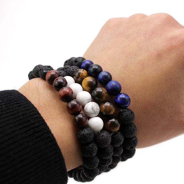 

8mm natural lava stone strands charm bracelets energy balance beads bangle for men women lover yoga jewelry, Black