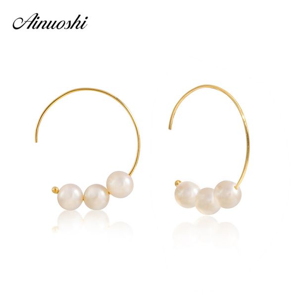 

ainuoshi natural freshwater hook pearl earrings 18k solid yellow gold women white pearl earrings circle moon tooth jewelry, Golden;silver