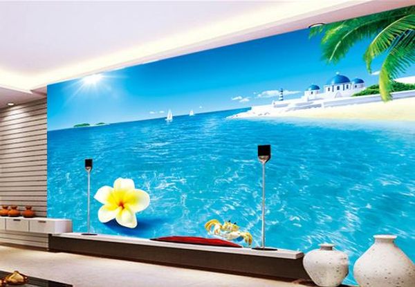 

seaside beach seascape flowers tv background wall 3d stereoscopic wallpaper