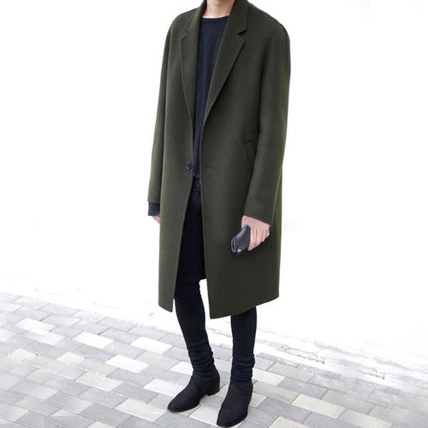 

casual fashion long wool coat slim turn down collar wool blend coat and jacket coats autumn winter abrigo hombre, Black