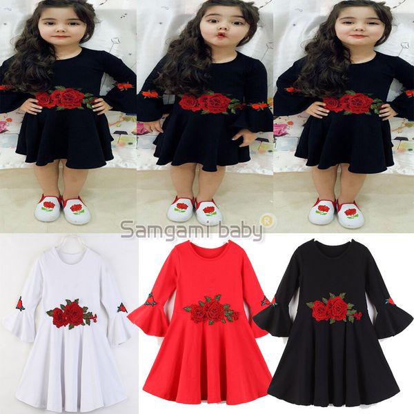 

retail baby girls flare sleeve embroidered flower princess dresses kids red white cute pleated a line dress child fall boutique clothes, Red;yellow