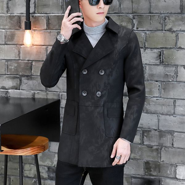 

men's trench coat autumn winter handsome youth long england style jackets double-breasted turn down collar mens jacket, Tan;black