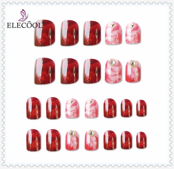 

elecool 24pcs false nail tips press on manicure gel polish false tips nail painted art artificial extension design short length, Red;gold
