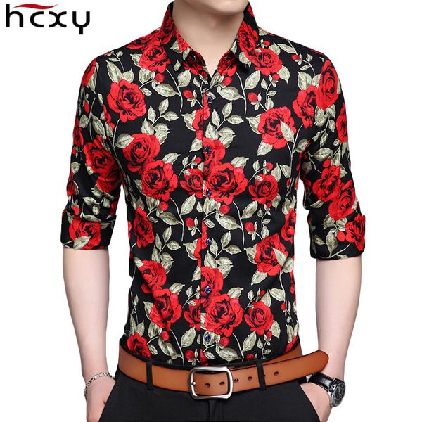 

hcxy 2018 spring floral print shirt for men new fashion long sleeve flower mens shirts male slim flower casual men shirt camisa, White;black