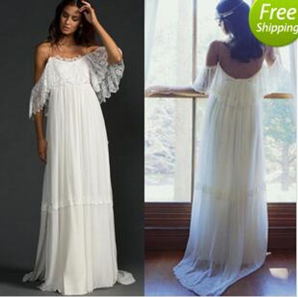 

Bohemia Lace Wedding Dresses Unique Bat Wing Spaghetti Straps Open Back Beach Wedding Gowns Fairy Cheap Bridal Gown