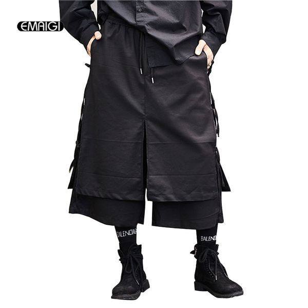 

men japan style kimono skirt pant male fashion casual harem trouser stage wear wide leg pant punk hip hop costumes, Black